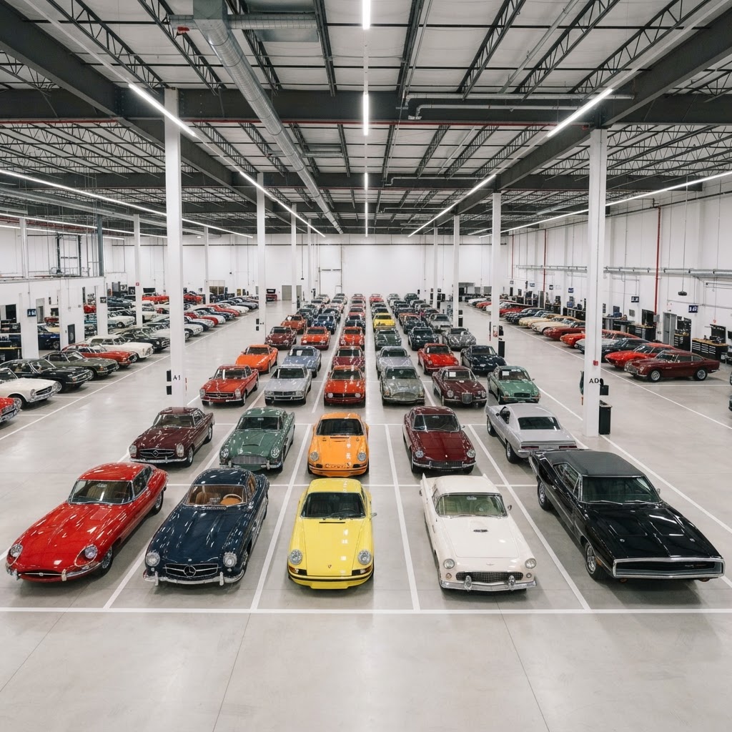 Professionele multi-car opslagfaciliteit met klassieke voertuigen — ideaal voor verhuurders